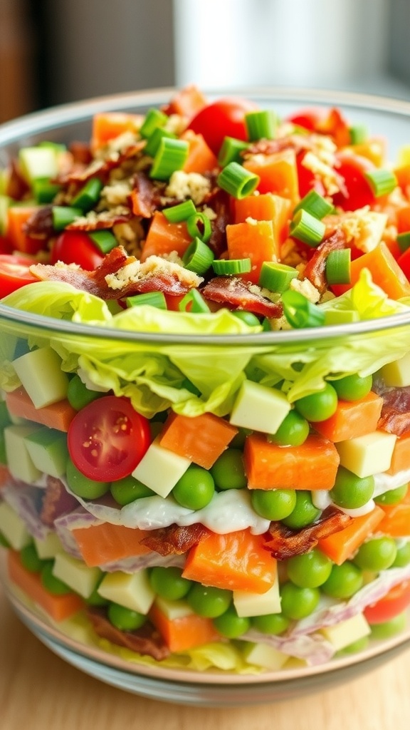 A colorful 6-layer salad with lettuce, tomatoes, cucumbers, carrots, bacon, and peas in a glass bowl, garnished with green onions.